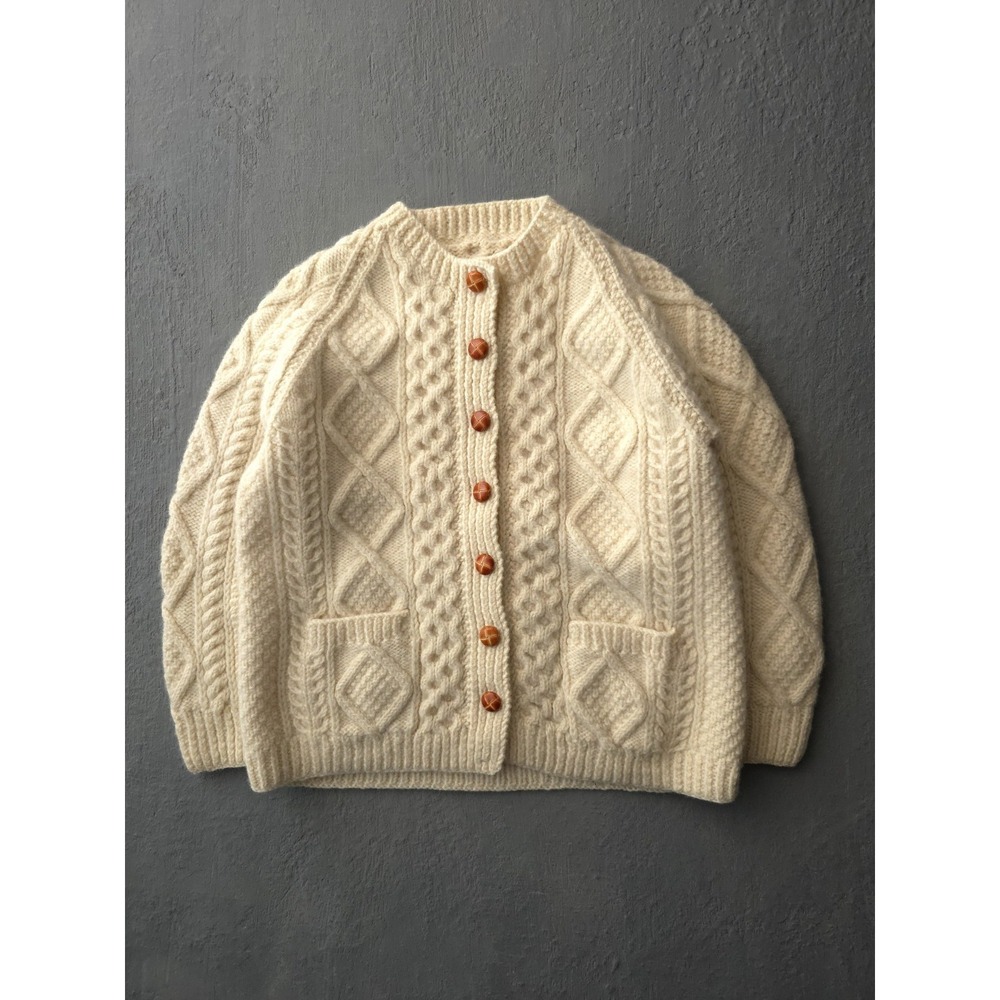 Vintage Handmade Wool Cable Knit Cardigan Sweater Women's L
